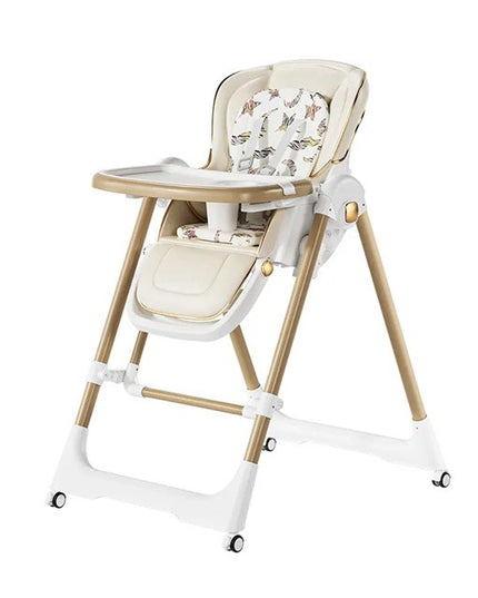 Scaun de Masa 2in1, pentru Copii 6 luni - 4 Ani, Pliabil, cu Roti, Balansoar, Leagan, Reglabil, Tava de Masa Dubla, Centura in 5 Puncte,Sampanie