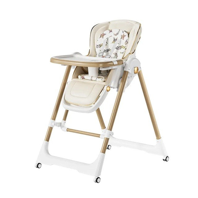 Scaun de Masa 2in1, pentru Copii 6 luni - 4 Ani, Pliabil, cu Roti, Balansoar, Leagan, Reglabil, Tava de Masa Dubla, Centura in 5 Puncte,Sampanie