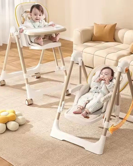 Scaun de Masa 2in1, pentru Copii 6 luni - 4 Ani, Pliabil, cu Roti, Balansoar, Leagan, Reglabil, Tava de Masa Dubla, Centura in 5 Puncte,Sampanie