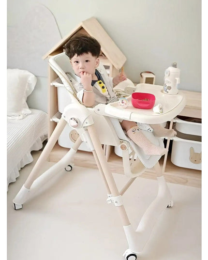 Scaun de Masa 2in1, pentru Copii 6 luni - 4 Ani, Pliabil, cu Roti, Balansoar, Leagan, Reglabil, Tava de Masa Dubla, Centura in 5 Puncte,Sampanie