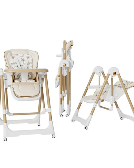 Scaun de Masa 2in1, pentru Copii 6 luni - 4 Ani, Pliabil, cu Roti, Balansoar, Leagan, Reglabil, Tava de Masa Dubla, Centura in 5 Puncte,Sampanie