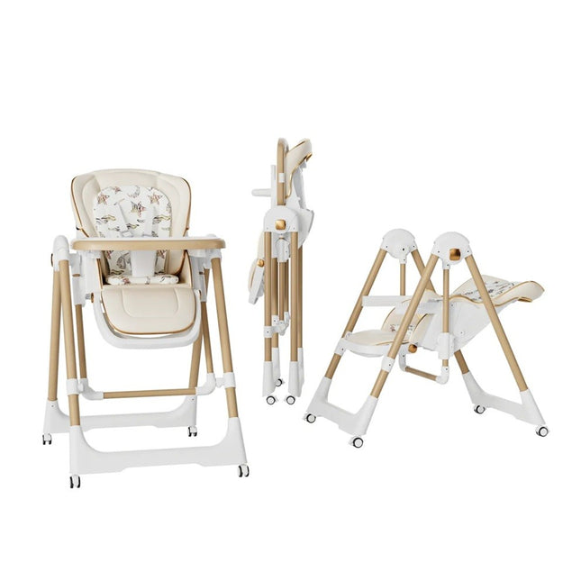 Scaun de Masa 2in1, pentru Copii 6 luni - 4 Ani, Pliabil, cu Roti, Balansoar, Leagan, Reglabil, Tava de Masa Dubla, Centura in 5 Puncte,Sampanie