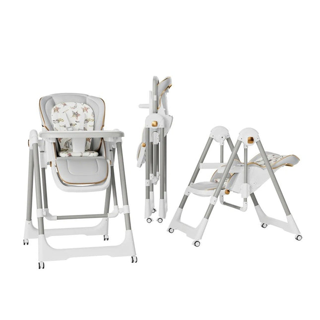 Scaun de Masa 2in1, pentru Copii 6 luni - 4 Ani, Pliabil, cu Roti, Balansoar, Leagan, Reglabil, Tava de Masa Dubla, Centura in 5 Puncte