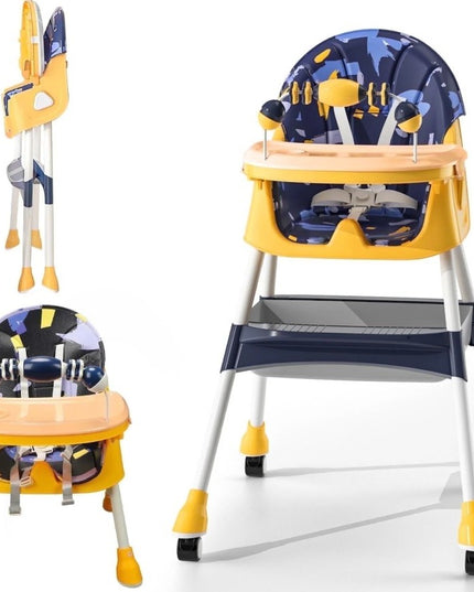 Scaun de Masa 2in1, pentru Copii de la 6 luni - 5 Ani, Inaltime Reglabila, Centura in 5 Puncte, Tava de Masa, Roti cu Frana, Cos Depozitare, Jucarie Inclusa