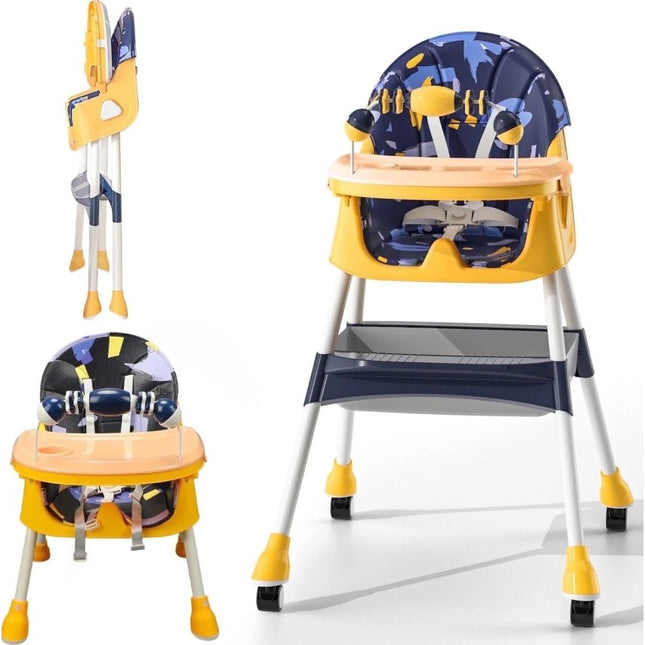 Scaun de Masa 2in1, pentru Copii de la 6 luni - 5 Ani, Inaltime Reglabila, Centura in 5 Puncte, Tava de Masa, Roti cu Frana, Cos Depozitare, Jucarie Inclusa