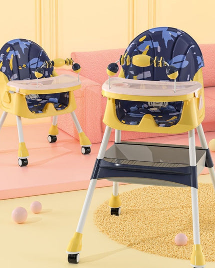 Scaun de Masa 2in1, pentru Copii de la 6 luni - 5 Ani, Inaltime Reglabila, Centura in 5 Puncte, Tava de Masa, Roti cu Frana, Cos Depozitare, Jucarie Inclusa