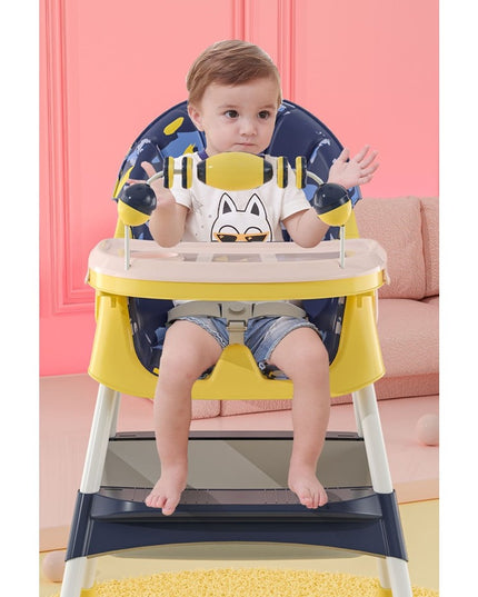 Scaun de Masa 2in1, pentru Copii de la 6 luni - 5 Ani, Inaltime Reglabila, Centura in 5 Puncte, Tava de Masa, Roti cu Frana, Cos Depozitare, Jucarie Inclusa