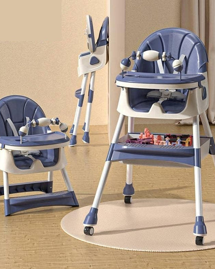 Scaun de Masa 2in1, pentru Copii de la 6 luni - 5 Ani, Inaltime Reglabila, Centura in 5 Puncte, Tava de Masa, Roti cu Frana, Cos Depozitare, Jucarie Inclusa
