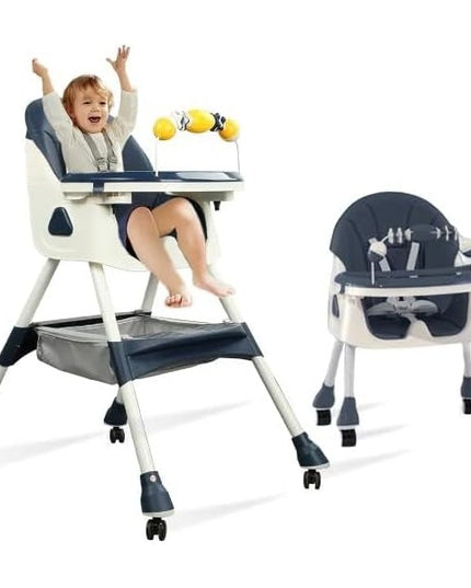 Scaun de Masa 2in1, pentru Copii de la 6 luni - 5 Ani, Inaltime Reglabila, Centura in 5 Puncte, Tava de Masa, Roti cu Frana, Cos Depozitare, Jucarie Inclusa