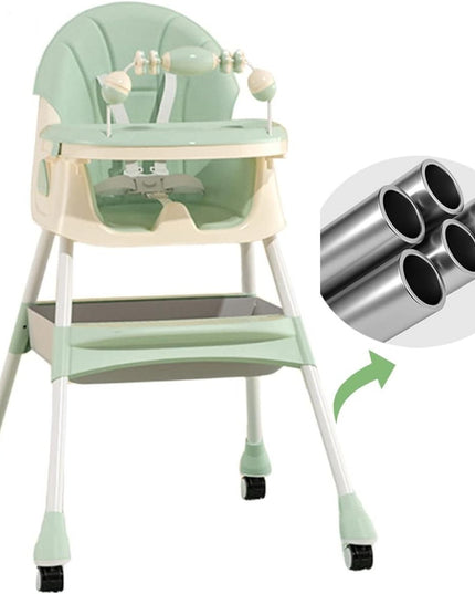 Scaun de Masa 2in1, pentru Copii de la 6 luni - 5 Ani, Inaltime Reglabila, Centura in 5 Puncte, Tava de Masa, Roti cu Frana, Cos Depozitare, Jucarie Inclusa