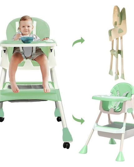 Scaun de Masa 2in1, pentru Copii de la 6 luni - 5 Ani, Inaltime Reglabila, Centura in 5 Puncte, Tava de Masa, Roti cu Frana, Cos Depozitare, Jucarie Inclusa