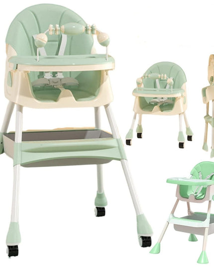 Scaun de Masa 2in1, pentru Copii de la 6 luni - 5 Ani, Inaltime Reglabila, Centura in 5 Puncte, Tava de Masa, Roti cu Frana, Cos Depozitare, Jucarie Inclusa