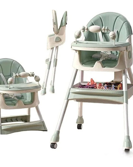 Scaun de Masa 2in1, pentru Copii de la 6 luni - 5 Ani, Inaltime Reglabila, Centura in 5 Puncte, Tava de Masa, Roti cu Frana, Cos Depozitare, Jucarie Inclusa