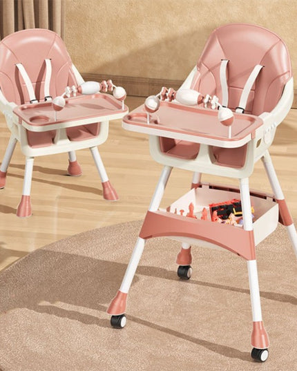 Scaun de Masa 2in1, pentru Copii de la 6 luni - 5 Ani, Inaltime Reglabila, Centura in 5 Puncte, Tava de Masa, Roti cu Frana, Cos Depozitare, Jucarie Inclusa