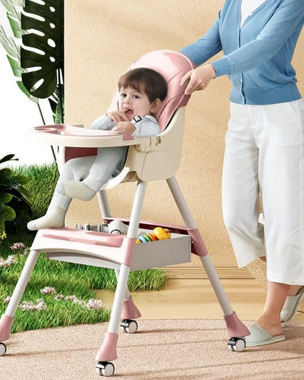 Scaun de Masa 2in1, pentru Copii de la 6 luni - 5 Ani, Inaltime Reglabila, Centura in 5 Puncte, Tava de Masa, Roti cu Frana, Cos Depozitare, Jucarie Inclusa