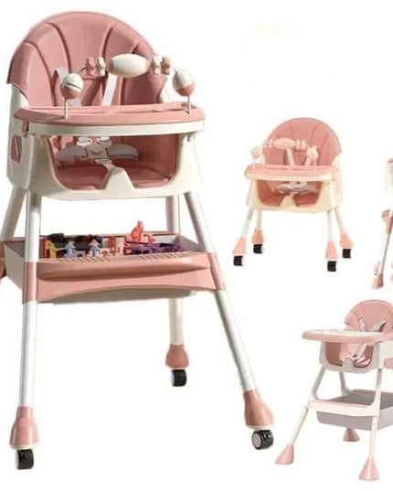 Scaun de Masa 2in1, pentru Copii de la 6 luni - 5 Ani, Inaltime Reglabila, Centura in 5 Puncte, Tava de Masa, Roti cu Frana, Cos Depozitare, Jucarie Inclusa