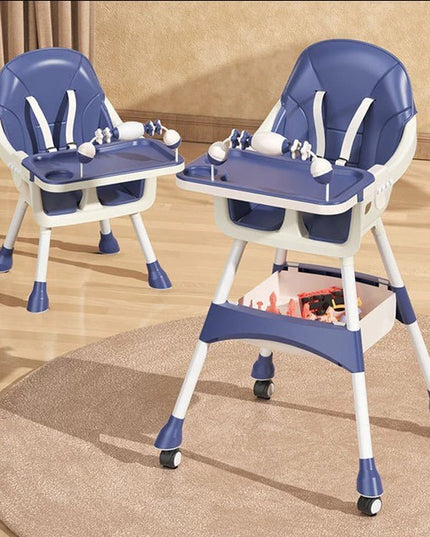 Scaun de Masa 2in1, pentru Copii de la 6 luni - 5 Ani, Inaltime Reglabila, Centura in 5 Puncte, Tava de Masa, Roti cu Frana, Cos Depozitare, Jucarie Inclusa