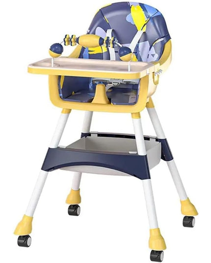 Scaun de Masa 2in1, pentru Copii de la 6 luni - 5 Ani, Inaltime Reglabila, Centura in 5 Puncte, Tava de Masa, Roti cu Frana, Cos Depozitare, Jucarie Inclusa