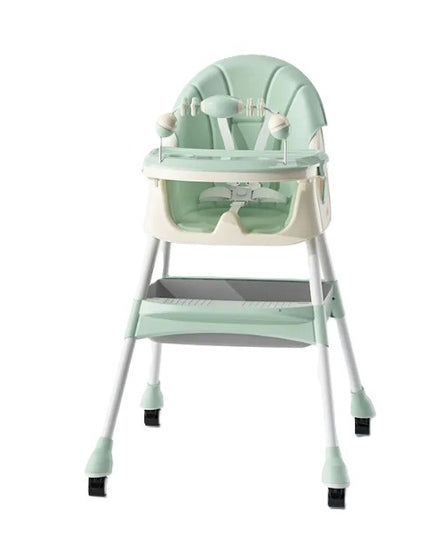 Scaun de Masa 2in1, pentru Copii de la 6 luni - 5 Ani, Inaltime Reglabila, Centura in 5 Puncte, Tava de Masa, Roti cu Frana, Cos Depozitare, Jucarie Inclusa