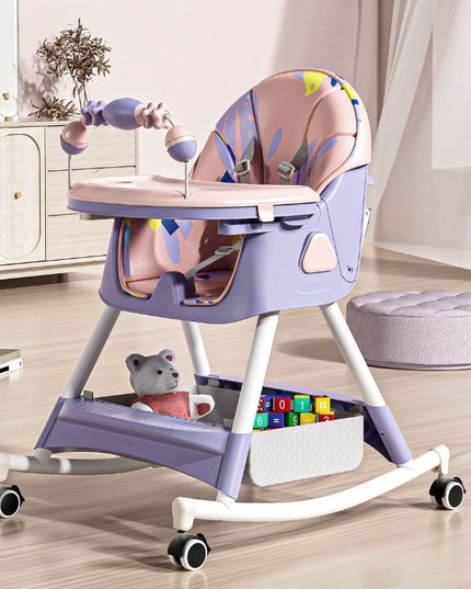 Scaun de Masa pe Roti pentru Copii, 2 Tavite si Husa Detasabile, Multifuncțional, Stabil, Centura de Siguranta, Spatar Reglabil Moale, Balansoar, Cos de Depozitare, de la 6 Luni