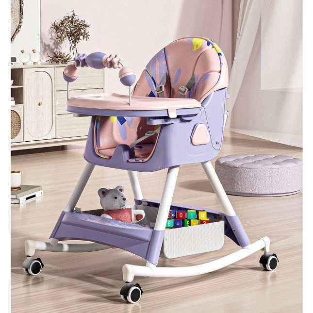Scaun de Masa pe Roti pentru Copii, 2 Tavite si Husa Detasabile, Multifuncțional, Stabil, Centura de Siguranta, Spatar Reglabil Moale, Balansoar, Cos de Depozitare, de la 6 Luni