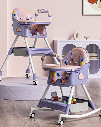 Scaun de Masa pe Roti pentru Copii, 2 Tavite si Husa Detasabile, Multifuncțional, Stabil, Centura de Siguranta, Spatar Reglabil Moale, Balansoar, Cos de Depozitare, de la 6 Luni
