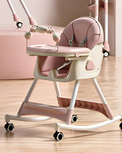 Scaun de Masa pe Roti pentru Copii, 2 Tavite si Husa Detasabile, Multifuncțional, Stabil, Centura de Siguranta, Spatar Reglabil Moale, Balansoar, Cos de Depozitare, de la 6 Luni