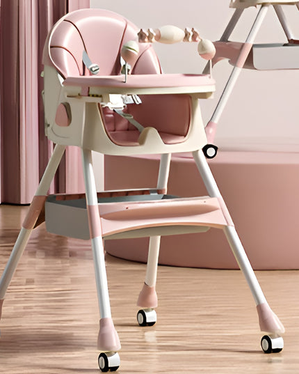 Scaun de Masa pe Roti pentru Copii, 2 Tavite si Husa Detasabile, Multifuncțional, Stabil, Centura de Siguranta, Spatar Reglabil Moale, Balansoar, Cos de Depozitare, de la 6 Luni