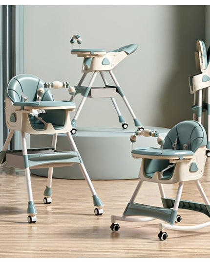 Scaun de Masa pe Roti pentru Copii, 2 Tavite si Husa Detasabile, Multifuncțional, Stabil, Centura de Siguranta, Spatar Reglabil Moale, Balansoar, Cos de Depozitare, de la 6 Luni