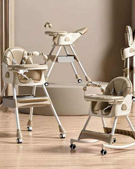 Scaun de Masa pe Roti pentru Copii, 2 Tavite si Husa Detasabile, Multifuncțional, Stabil, Centura de Siguranta, Spatar Reglabil Moale, Balansoar, Cos de Depozitare, de la 6 Luni