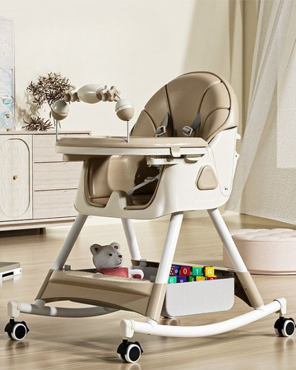 Scaun de Masa pentru Bebelusi si Copii, 2 Tavite cu Jucarii si Husa Detasabile, Multifuncțional, Stabil, Centura de Siguranta, Spatar Reglabil Moale, Balansoar, Cos de Depozitare, de la 6 Luni