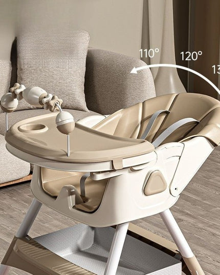 Scaun de Masa pentru Bebelusi si Copii, 2 Tavite cu Jucarii si Husa Detasabile, Multifuncțional, Stabil, Centura de Siguranta, Spatar Reglabil Moale, Balansoar, Cos de Depozitare, de la 6 Luni