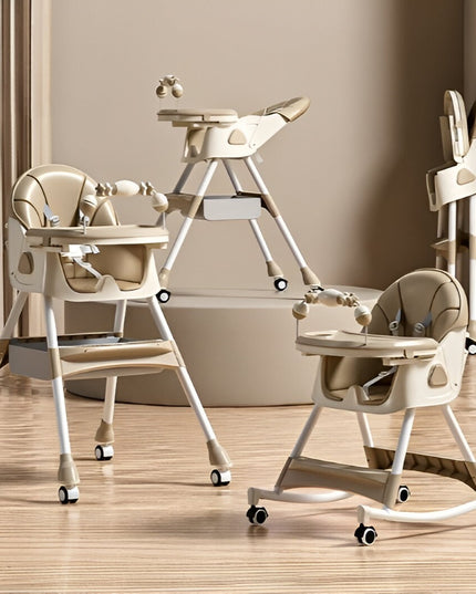 Scaun de Masa pentru Bebelusi si Copii, 2 Tavite cu Jucarii si Husa Detasabile, Multifuncțional, Stabil, Centura de Siguranta, Spatar Reglabil Moale, Balansoar, Cos de Depozitare, de la 6 Luni