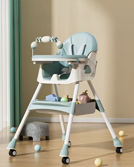 Scaun de Masa pentru Bebelusi si Copii, 2 Tavite cu Jucarii si Husa Detasabile, Multifuncțional, Stabil, Centura de Siguranta, Spatar Reglabil Moale, Balansoar, Cos de Depozitare, de la 6 Luni