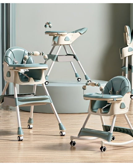 Scaun de Masa pentru Bebelusi si Copii, 2 Tavite cu Jucarii si Husa Detasabile, Multifuncțional, Stabil, Centura de Siguranta, Spatar Reglabil Moale, Balansoar, Cos de Depozitare, de la 6 Luni