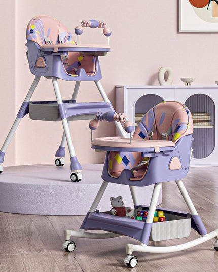 Scaun de Masa pentru Bebelusi si Copii, 2 Tavite cu Jucarii si Husa Detasabile, Multifuncțional, Stabil, Centura de Siguranta, Spatar Reglabil Moale, Balansoar, Cos de Depozitare, de la 6 Luni