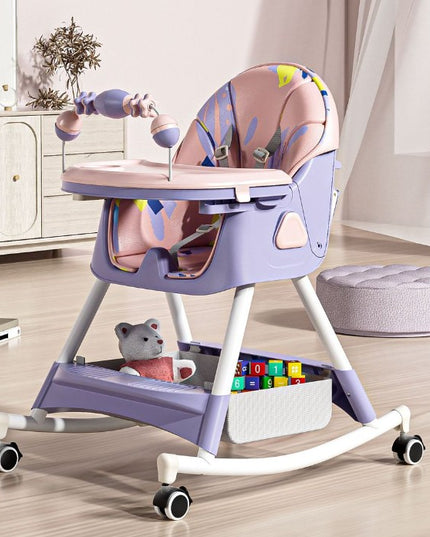 Scaun de Masa pentru Bebelusi si Copii, 2 Tavite cu Jucarii si Husa Detasabile, Multifuncțional, Stabil, Centura de Siguranta, Spatar Reglabil Moale, Balansoar, Cos de Depozitare, de la 6 Luni
