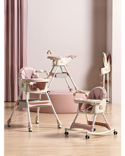 Scaun de Masa pentru Bebelusi si Copii, 2 Tavite cu Jucarii si Husa Detasabile, Multifuncțional, Stabil, Centura de Siguranta, Spatar Reglabil Moale, Balansoar, Cos de Depozitare, de la 6 Luni