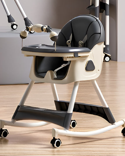Scaun de Masa pentru Bebelusi si Copii, 2 Tavite cu Jucarii si Husa Detasabile, Multifuncțional, Stabil, Centura de Siguranta, Spatar Reglabil Moale, Balansoar, Cos de Depozitare, de la 6 Luni