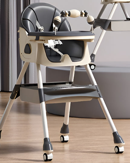 Scaun de Masa pentru Bebelusi si Copii, 2 Tavite cu Jucarii si Husa Detasabile, Multifuncțional, Stabil, Centura de Siguranta, Spatar Reglabil Moale, Balansoar, Cos de Depozitare, de la 6 Luni