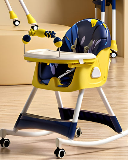 Scaun de Masa pentru Bebelusi si Copii, 2 Tavite cu Jucarii si Husa Detasabile, Multifuncțional, Stabil, Centura de Siguranta, Spatar Reglabil Moale, Balansoar, Cos de Depozitare, de la 6 Luni