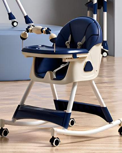 Scaun de Masa pentru Bebelusi si Copii, 2 Tavite cu Jucarii si Husa Detasabile, Multifuncțional, Stabil, Centura de Siguranta, Spatar Reglabil Moale, Balansoar, Cos de Depozitare, de la 6 Luni