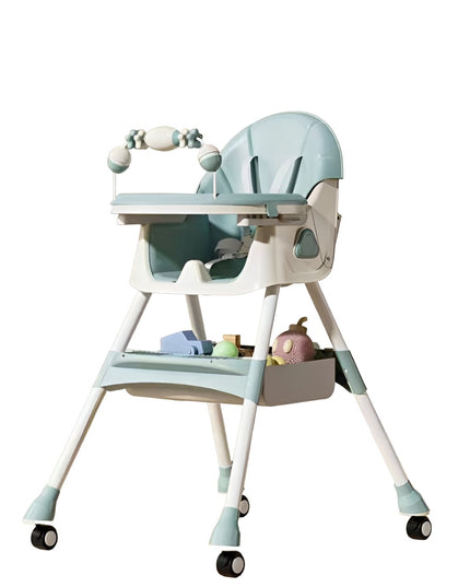 Scaun de Masa pentru Bebelusi si Copii, 2 Tavite cu Jucarii si Husa Detasabile, Multifuncțional, Stabil, Centura de Siguranta, Spatar Reglabil Moale, Balansoar, Cos de Depozitare, de la 6 Luni