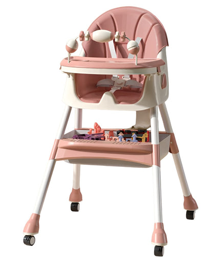 Scaun de Masa pentru Bebelusi si Copii, 2 Tavite cu Jucarii si Husa Detasabile, Multifuncțional, Stabil, Centura de Siguranta, Spatar Reglabil Moale, Balansoar, Cos de Depozitare, de la 6 Luni