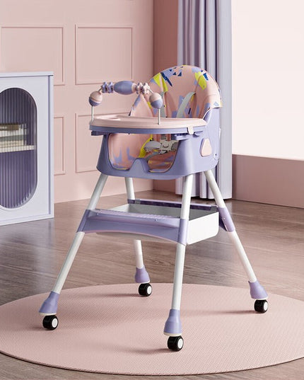 Scaun de Masa pentru Bebelusi si Copii, 2 Tavite cu Jucarii si Husa Detasabile, Multifuncțional, Stabil, Centura de Siguranta, Spatar Reglabil Moale, Balansoar, Cos de Depozitare, de la 6 Luni