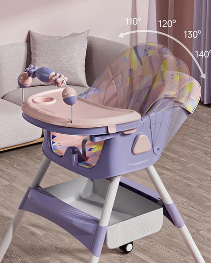 Scaun de Masa pentru Bebelusi si Copii, 2 Tavite cu Jucarii si Husa Detasabile, Multifuncțional, Stabil, Centura de Siguranta, Spatar Reglabil Moale, Balansoar, Cos de Depozitare, de la 6 Luni