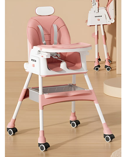 Scaun de Masa pentru Bebelusi si Copii cu Roti, cu Tetiera, Telescopic, Pliabil, Masuta Reglabila, Suport Picioare, Scaun cu Invelis Piele Artificiala, Centura Siguranta, Spatiu Depozitare