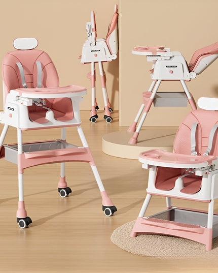 Scaun de Masa pentru Bebelusi si Copii cu Roti, cu Tetiera, Telescopic, Pliabil, Masuta Reglabila, Suport Picioare, Scaun cu Invelis Piele Artificiala, Centura Siguranta, Spatiu Depozitare