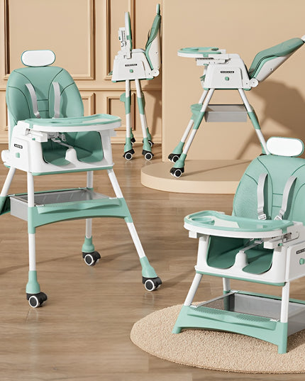 Scaun de Masa pentru Bebelusi si Copii cu Roti, cu Tetiera, Telescopic, Pliabil, Masuta Reglabila, Suport Picioare, Scaun cu Invelis Piele Artificiala, Centura Siguranta, Spatiu Depozitare