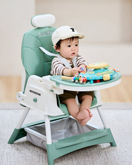 Scaun de Masa pentru Bebelusi si Copii cu Roti, cu Tetiera, Telescopic, Pliabil, Masuta Reglabila, Suport Picioare, Scaun cu Invelis Piele Artificiala, Centura Siguranta, Spatiu Depozitare